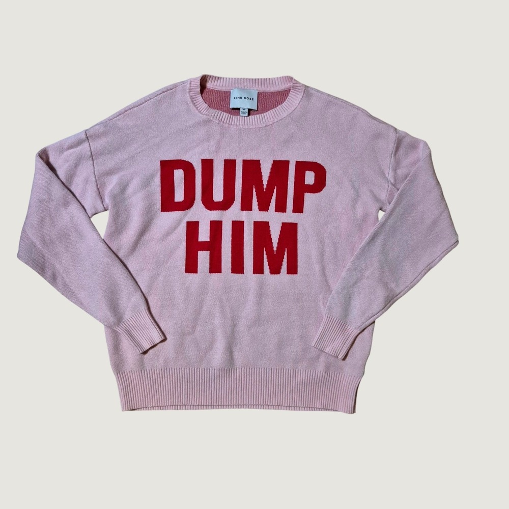 Pink Rose Dump Him Sweater Womens XS Pink Red Graphic Crewneck Knit Pullover